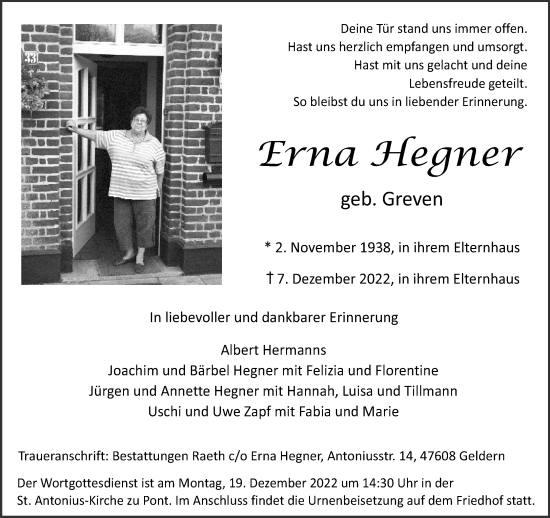 Traueranzeige von Erna Hegner 