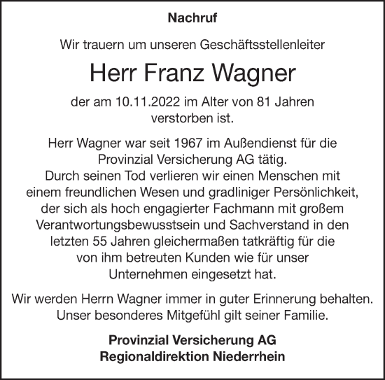 Traueranzeige von Franz Wagner 