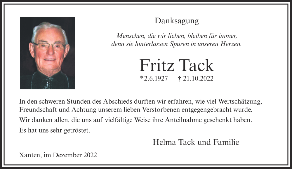  Traueranzeige für Fritz Tack vom 03.12.2022 aus 