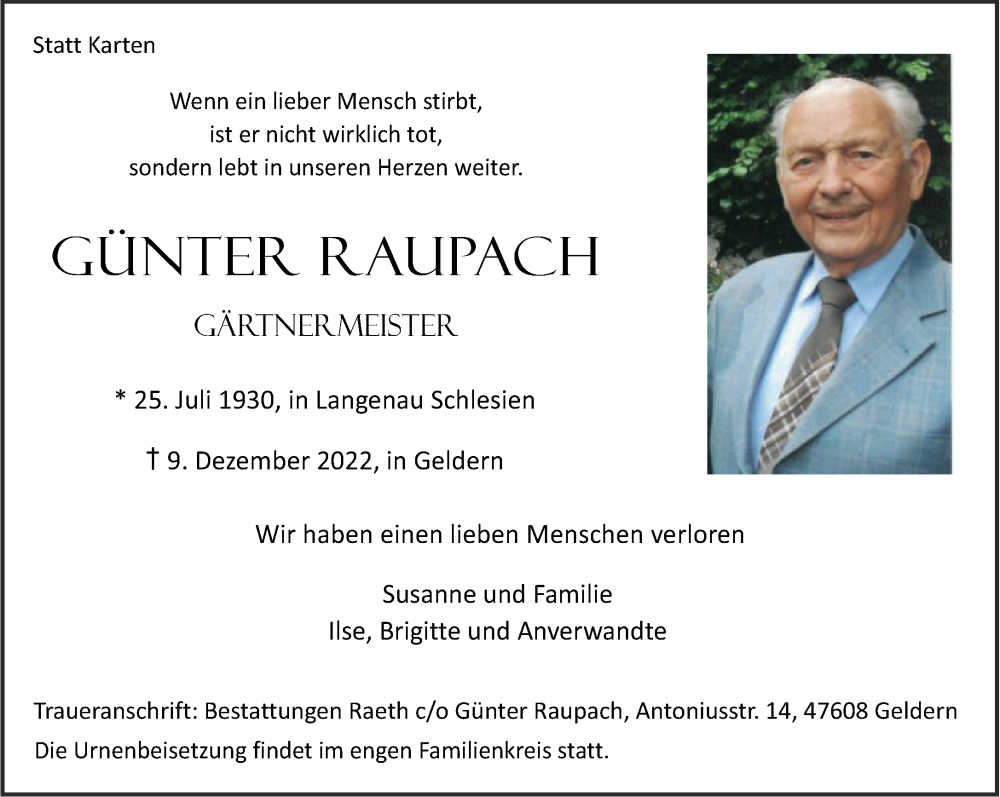  Traueranzeige für Günter Raupach vom 17.12.2022 aus 