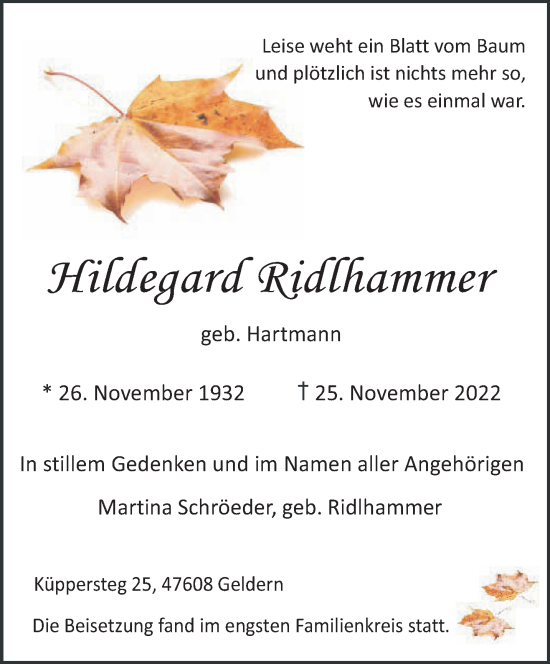 Traueranzeige von Hildegard Ridlhammer 