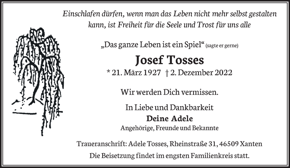  Traueranzeige für Josef Tosses vom 07.12.2022 aus 