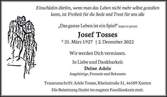 Traueranzeige von Josef Tosses 