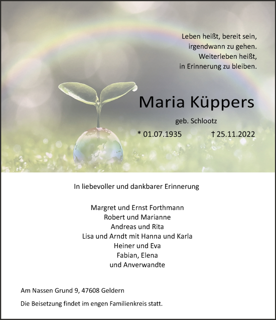 Traueranzeige von Maria Köppers 