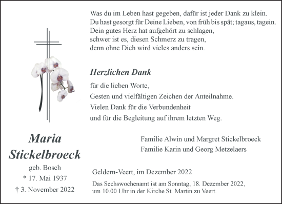 Traueranzeige von Maria Stickelbroeck 