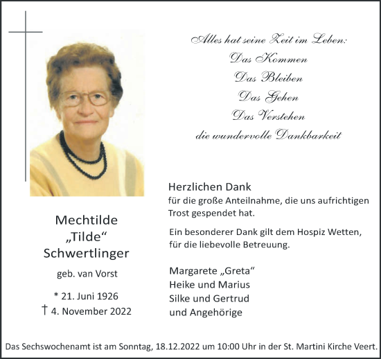 Traueranzeige von Mechtilde Schwertlinger 