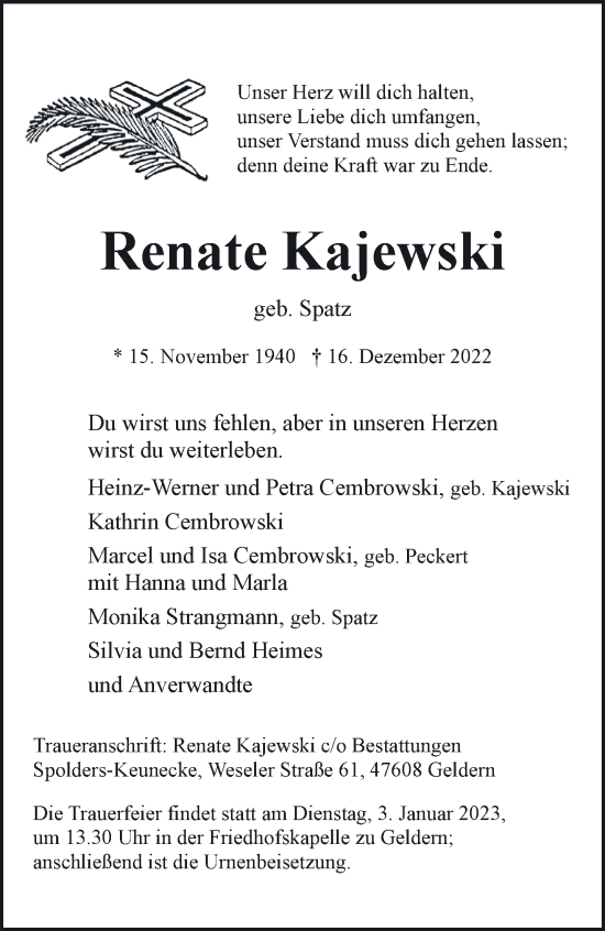 Traueranzeige von Renate Kajewski 