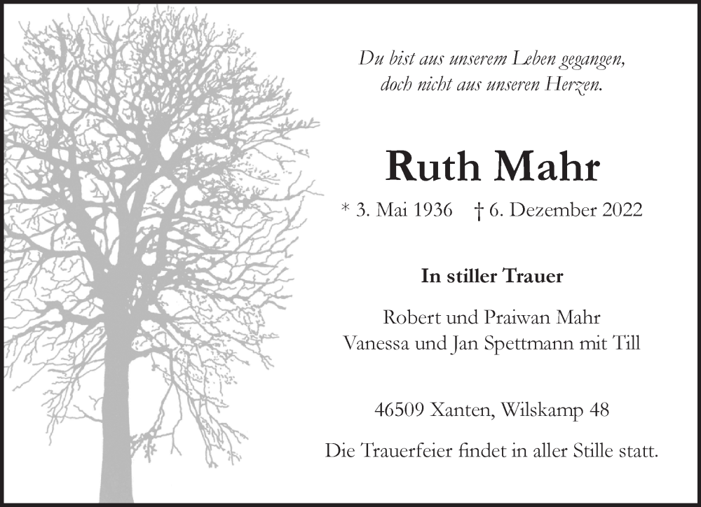  Traueranzeige für Ruth Mahr vom 10.12.2022 aus 