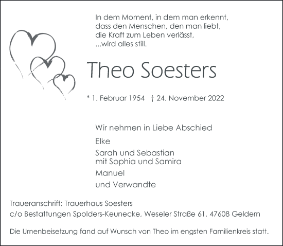 Traueranzeige von Theo Soesters 