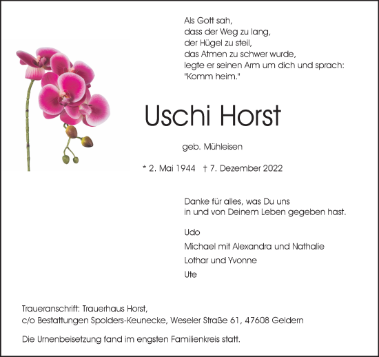 Traueranzeige von Uschi Horst 