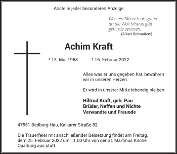 Traueranzeige von Achim Kraft 