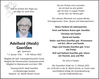 Traueranzeige von Adelheid Geerißen 