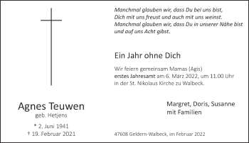 Traueranzeige von Agnes Teuwen 