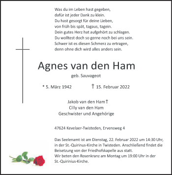 Traueranzeige von Agnes van den Ham 