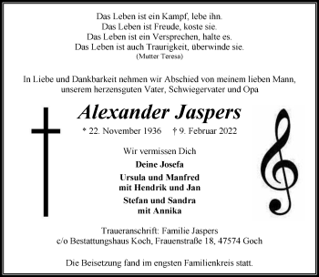 Traueranzeige von Alexander Jaspers 