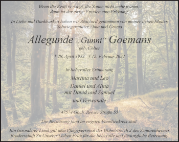 Traueranzeige von Allegunde Goemans 