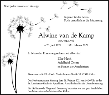 Traueranzeige von Alwine van de Kamp 