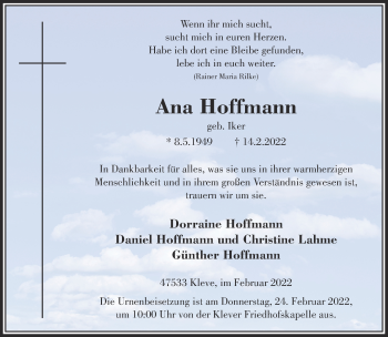 Traueranzeige von Ana Hoffmann 