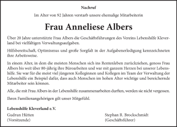 Traueranzeige von Anneliese Albers 