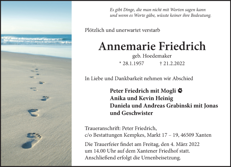  Traueranzeige für Annemarie Friedrich vom 26.02.2022 aus 