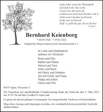 Traueranzeige von Bernhard Keienborg 