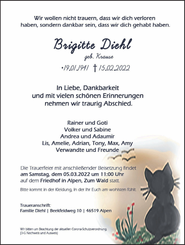  Traueranzeige für Brigitte Diehl vom 26.02.2022 aus 
