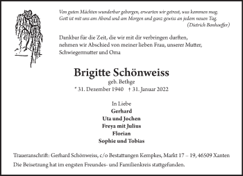 Traueranzeige von Brigitte Schönweiss 