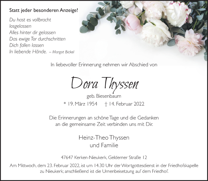  Traueranzeige für Dora Thyssen vom 19.02.2022 aus 