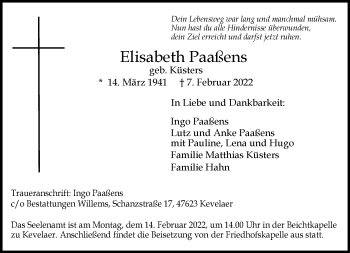 Traueranzeige von Elisabeth Paaßens 