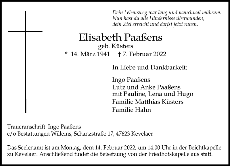  Traueranzeige für Elisabeth Paaßens vom 12.02.2022 aus 