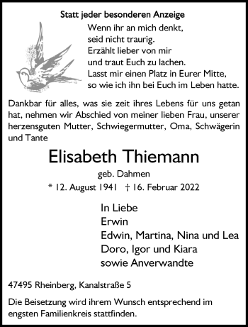 Traueranzeige von Elisabeth Thiemann 