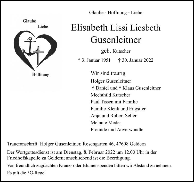  Traueranzeige für Elisabeth Lissi Liesbeth Gusenleitner vom 05.02.2022 aus 