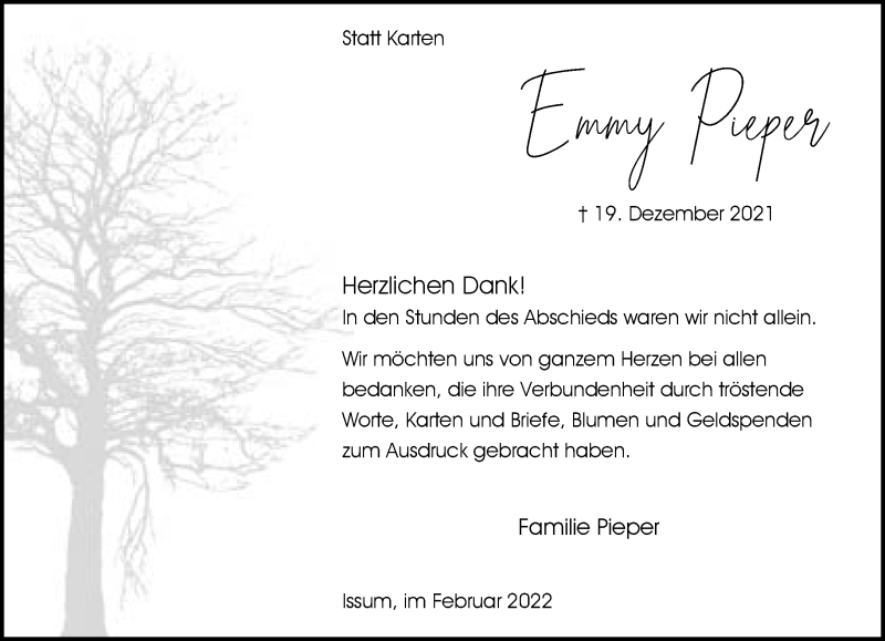  Traueranzeige für Emmy Pieper vom 02.02.2022 aus 
