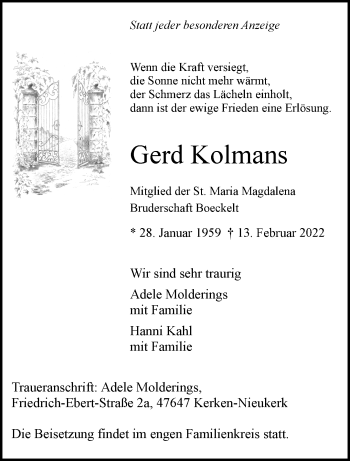 Traueranzeige von Gerd Kolmans 