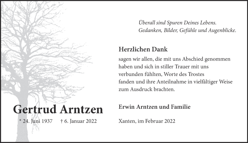  Traueranzeige für Gertrud Arntzen vom 12.02.2022 aus 