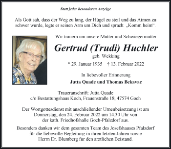 Traueranzeige von Gertrud Huchler 