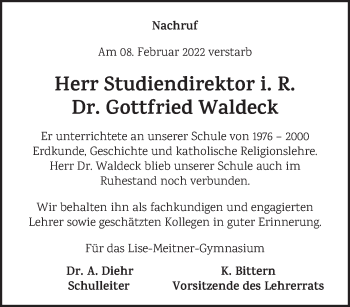 Traueranzeige von Gottfried Waldeck 