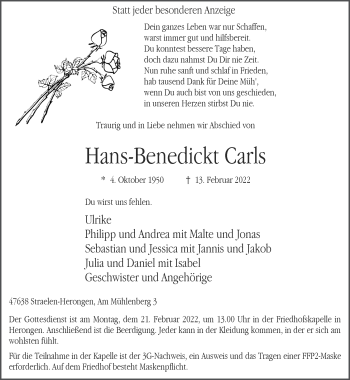 Traueranzeige von Hans-Benedickt Carls 