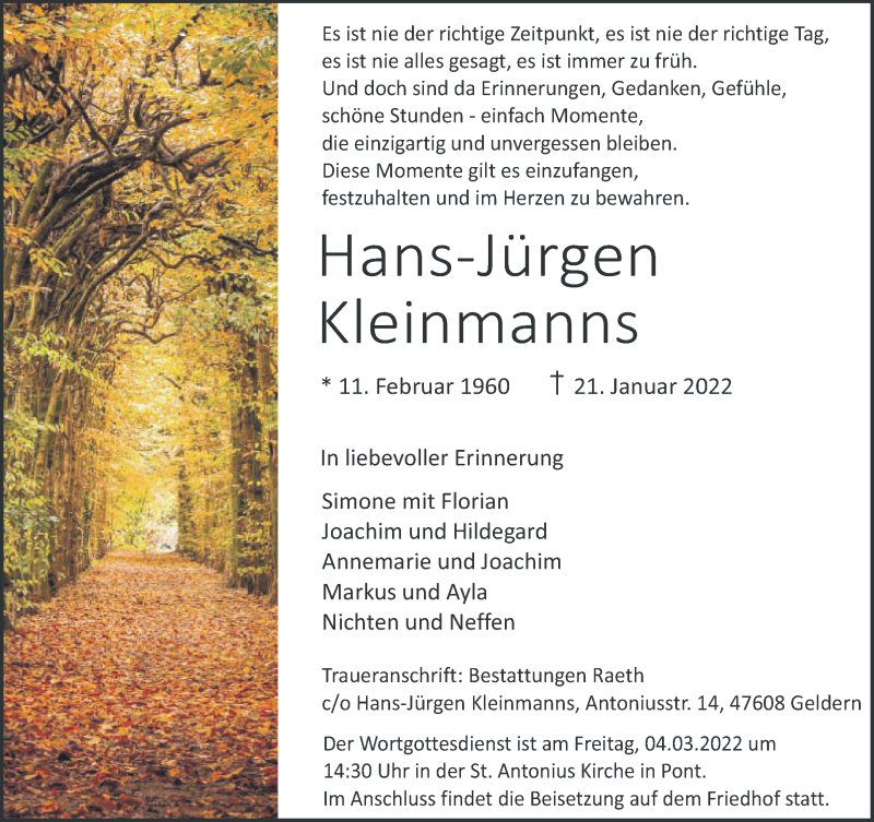  Traueranzeige für Hans-Jürgen Kleinmanns vom 19.02.2022 aus 