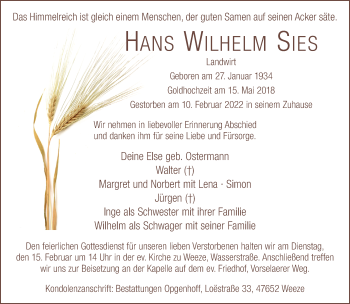 Traueranzeige von Hans-Wilhem Sies 