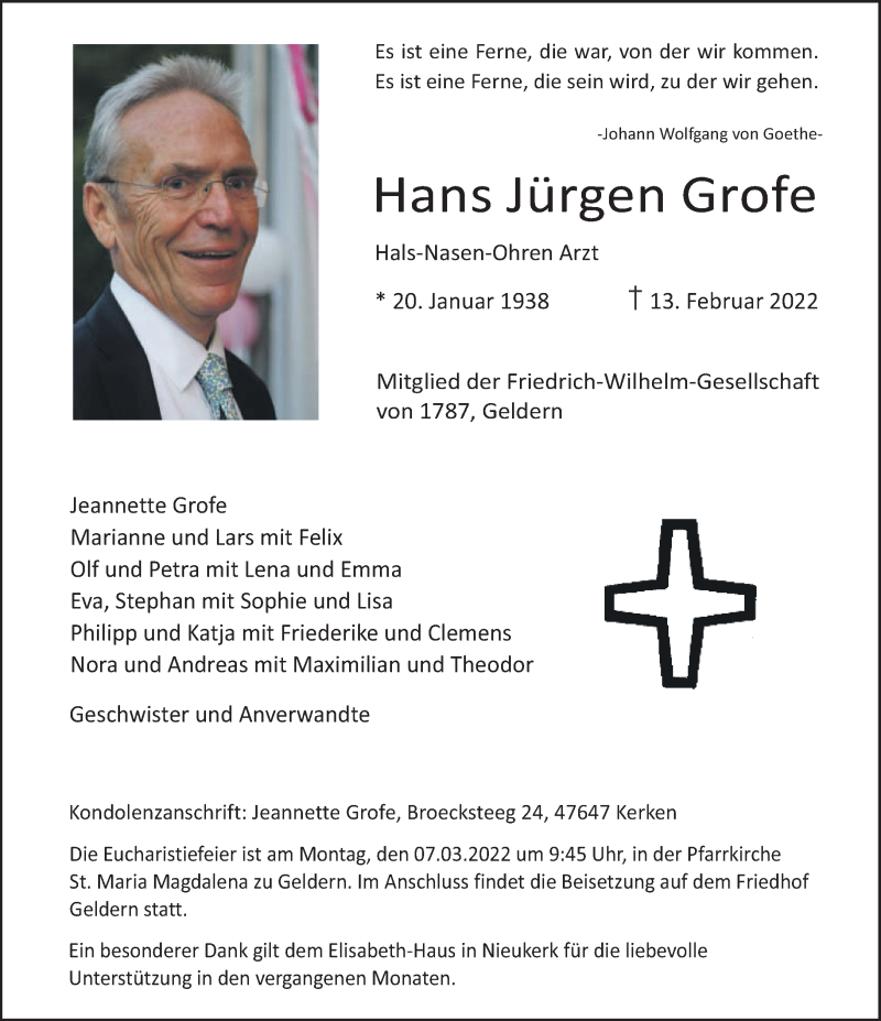  Traueranzeige für Hans Jürgen Grofe vom 26.02.2022 aus 