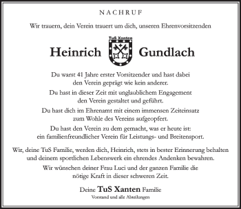 Traueranzeige von Heinrich Gundlach 
