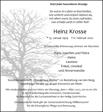 Traueranzeige von Heinz Krosse 