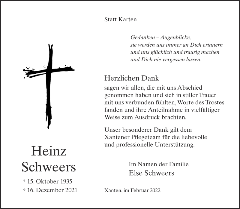  Traueranzeige für Heinz Schweers vom 09.02.2022 aus 