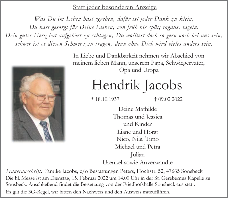 Traueranzeige für Hendrik Jacobs vom 12.02.2022 aus 