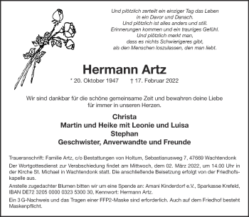 Traueranzeige von Hermann Artz 