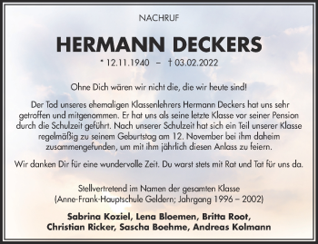 Traueranzeige von Hermann Deckers 