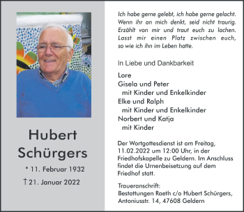 Traueranzeige von Hubert Schürgers 