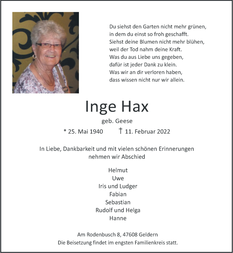  Traueranzeige für Inge Hax vom 19.02.2022 aus 