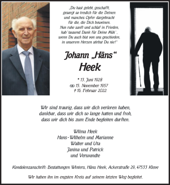 Traueranzeige von Johann Heek 